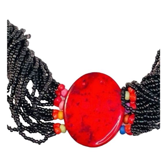 Vintage Beaded Statement Necklace Red Black Tribal Seed Beads Chunky Plastic Sto - Picture 2 of 3